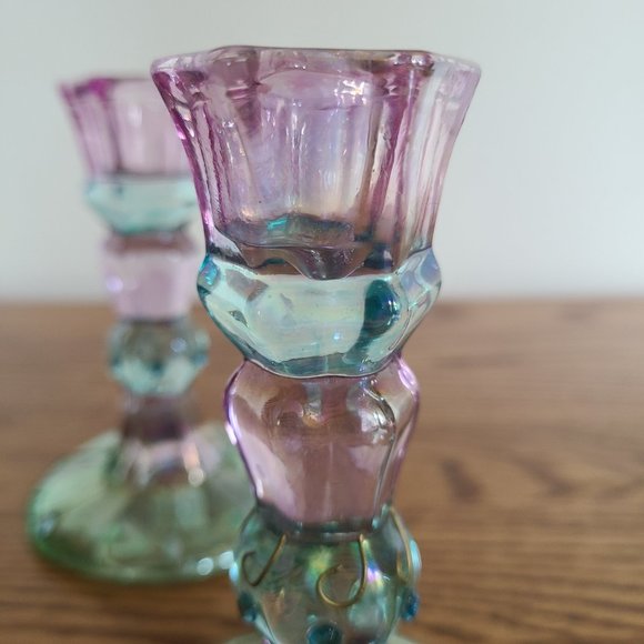 PartyLite Mardi Gras Colorful Tapered Candlestick Holder Pair Set of Two 5" Tall - Picture 7 of 17